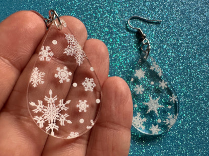 Snowflake Earrings: Laser Cut Acrylic Snowflakes, Teardrop Earrings, White Christmas, Snowing, Snow Storm, Winter, Gifts for Her/Him/Them