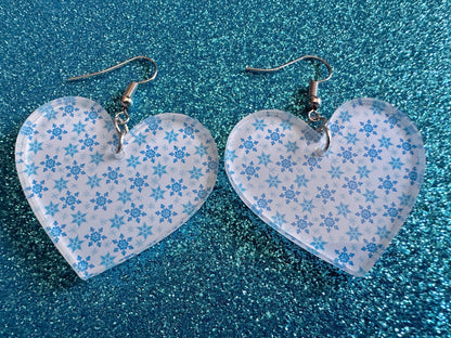 Snowflake Heart Earrings: Laser Cut Acrylic Snowflakes, Hearts, White Christmas, Snowing, Snow Storm, Winter, Best Gifts for Her/Him/Them