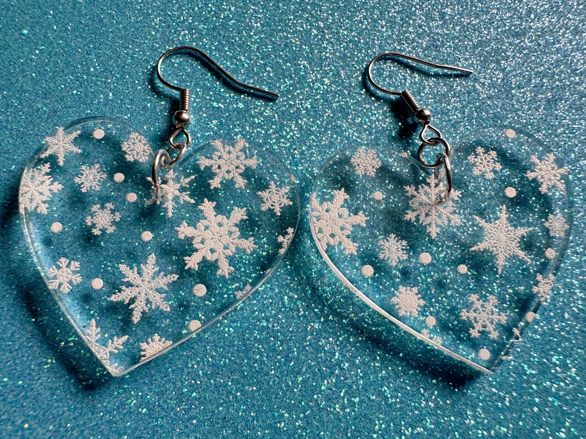 Snowflake Heart Earrings: Laser Cut Acrylic Snowflakes, Hearts, White Christmas, Snowing, Snow Storm, Winter, Best Gifts for Her/Him/Them
