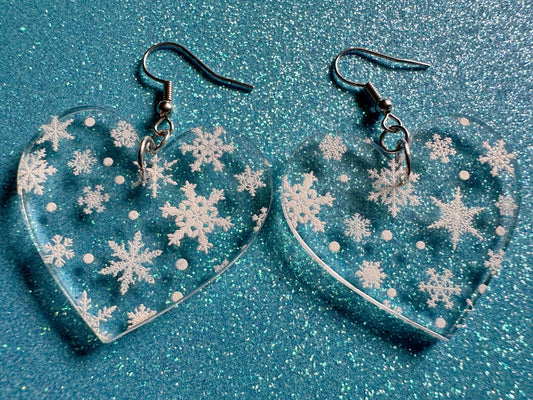 Snowflake Heart Earrings: Laser Cut Acrylic Snowflakes, Hearts, White Christmas, Snowing, Snow Storm, Winter, Best Gifts for Her/Him/Them