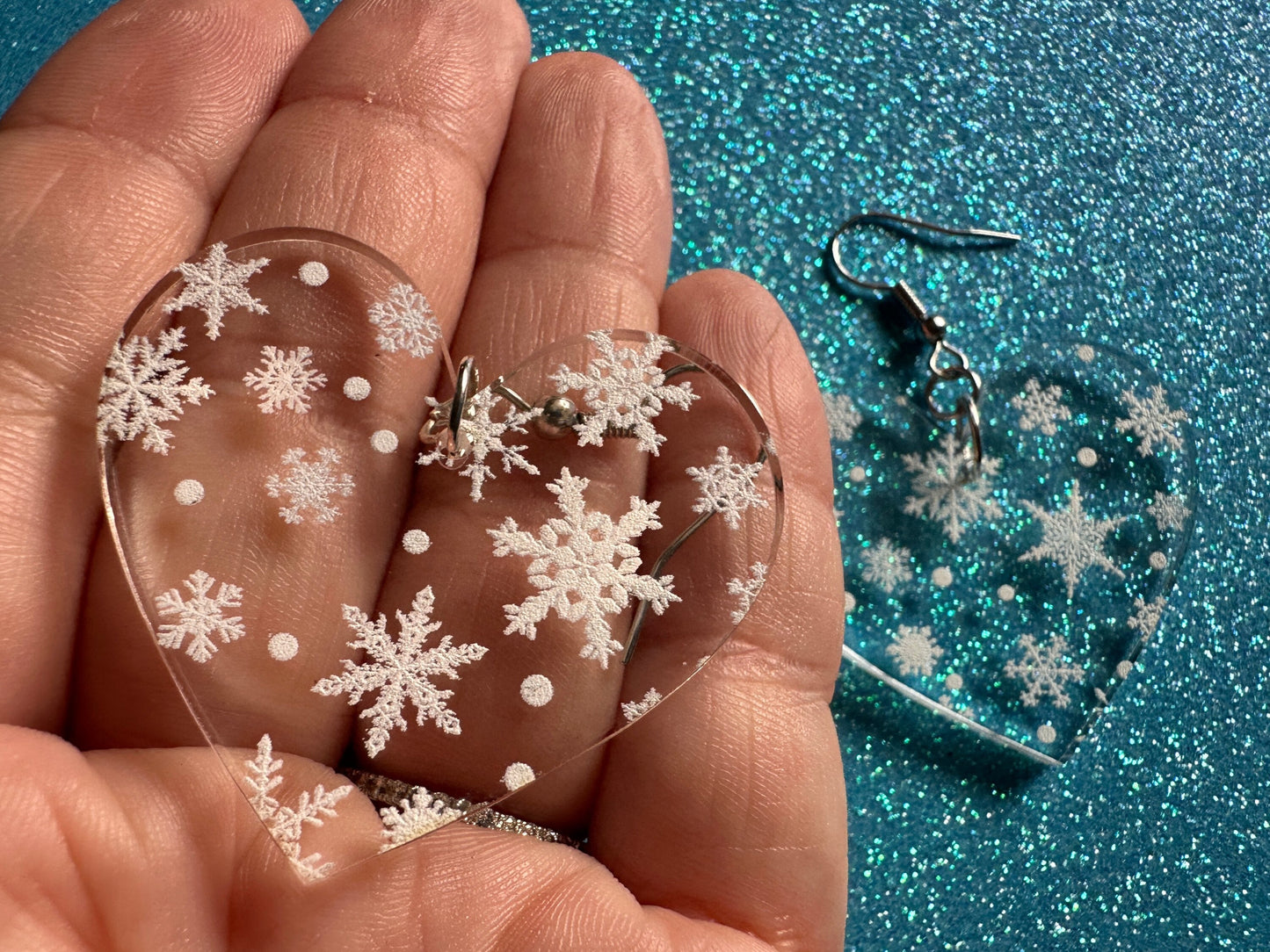 Snowflake Heart Earrings: Laser Cut Acrylic Snowflakes, Hearts, White Christmas, Snowing, Snow Storm, Winter, Best Gifts for Her/Him/Them