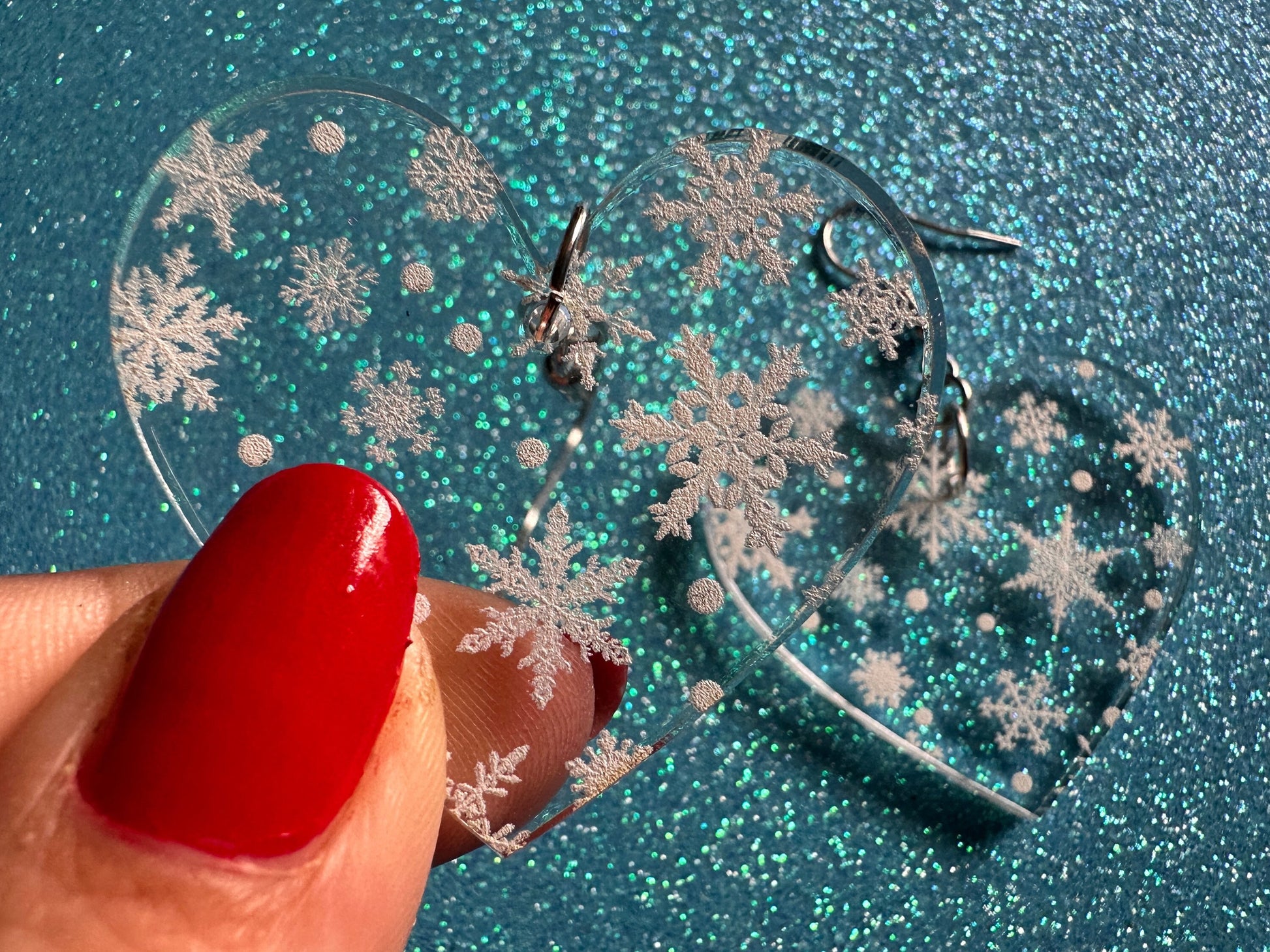 Snowflake Heart Earrings: Laser Cut Acrylic Snowflakes, Hearts, White Christmas, Snowing, Snow Storm, Winter, Best Gifts for Her/Him/Them