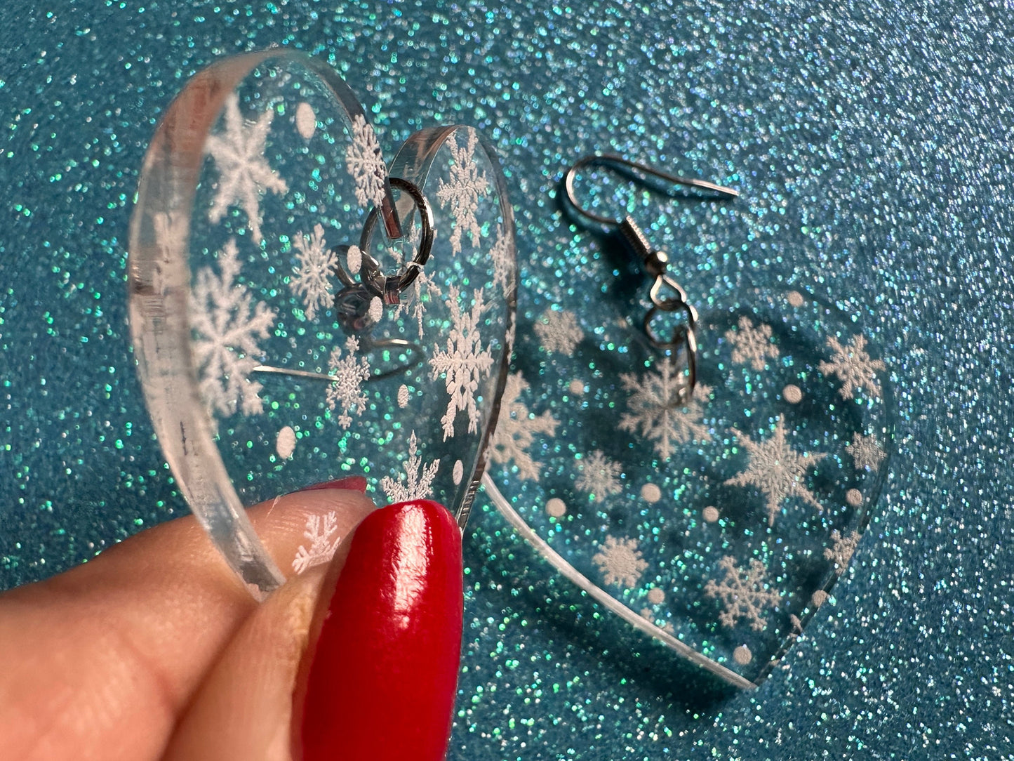 Snowflake Heart Earrings: Laser Cut Acrylic Snowflakes, Hearts, White Christmas, Snowing, Snow Storm, Winter, Best Gifts for Her/Him/Them