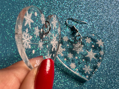 Snowflake Heart Earrings: Laser Cut Acrylic Snowflakes, Hearts, White Christmas, Snowing, Snow Storm, Winter, Best Gifts for Her/Him/Them