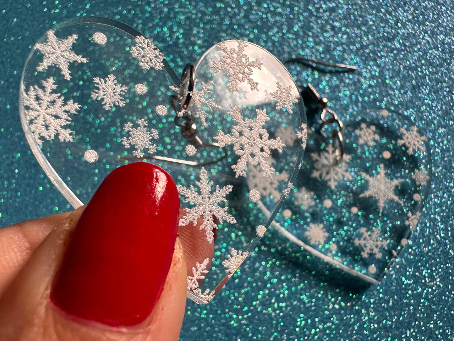 Snowflake Heart Earrings: Laser Cut Acrylic Snowflakes, Hearts, White Christmas, Snowing, Snow Storm, Winter, Best Gifts for Her/Him/Them