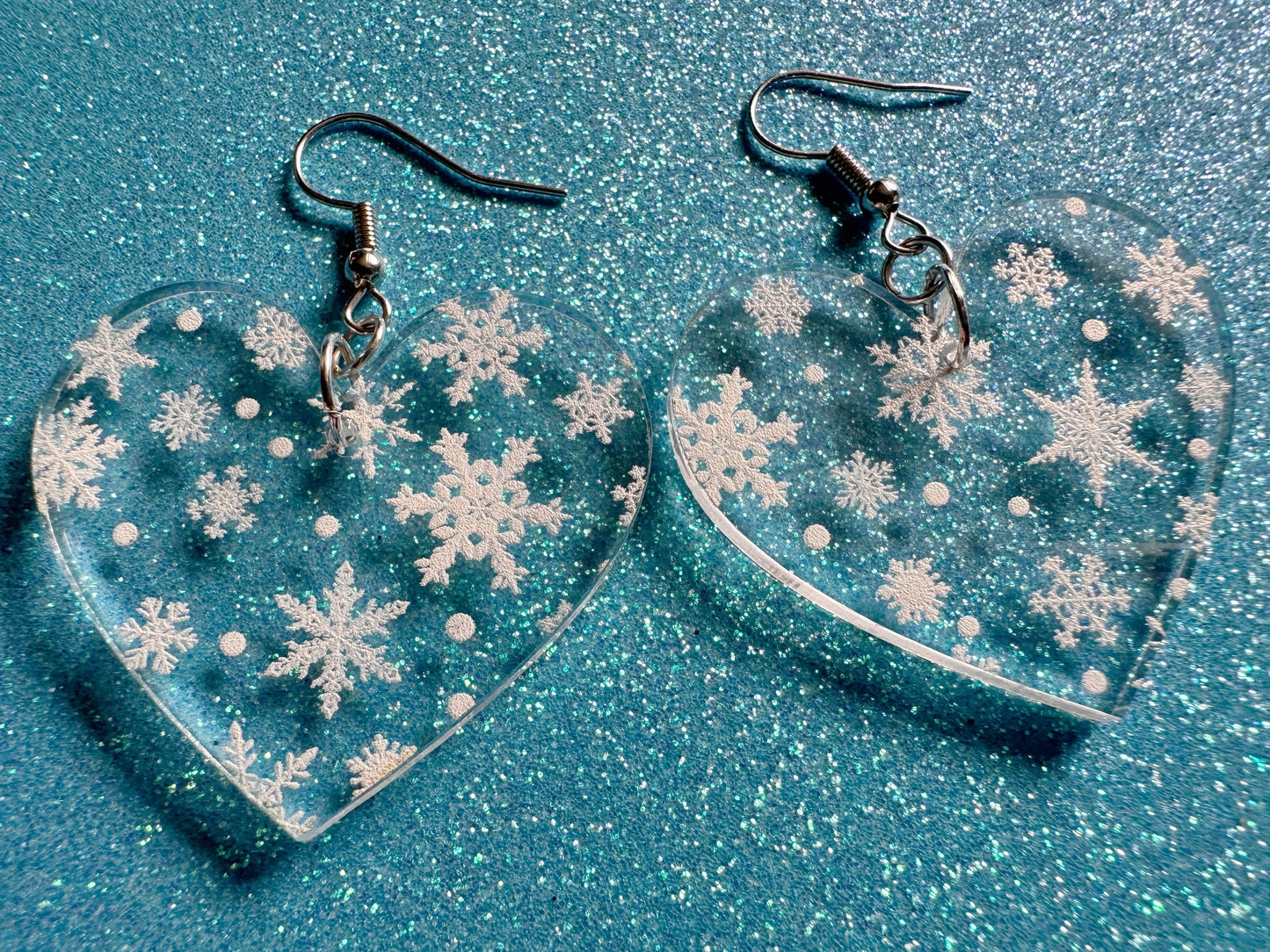 Snowflake Heart Earrings: Laser Cut Acrylic Snowflakes, Hearts, White Christmas, Snowing, Snow Storm, Winter, Best Gifts for Her/Him/Them