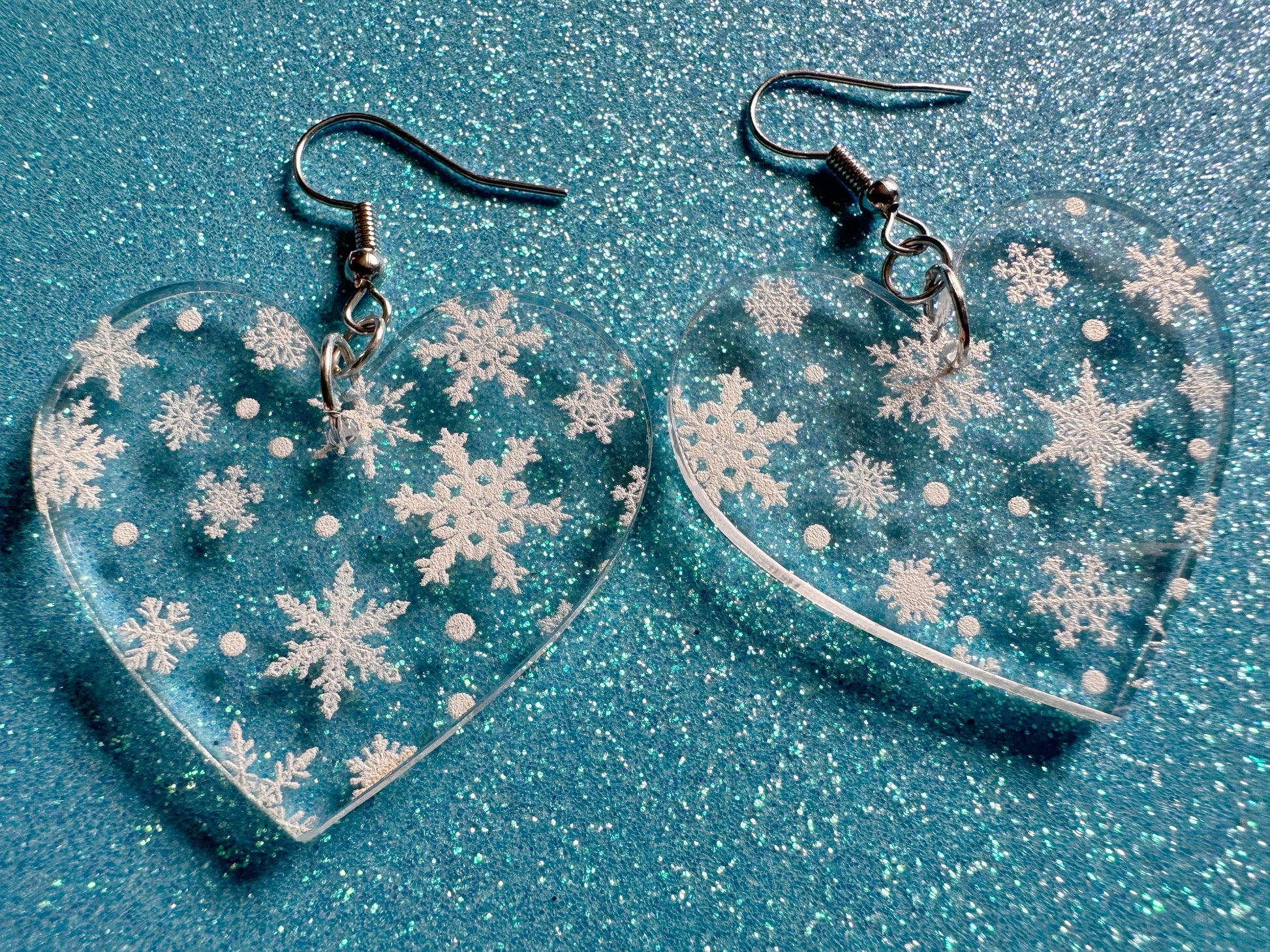 Snowflake Heart Earrings: Laser Cut Acrylic Snowflakes, Hearts, White Christmas, Snowing, Snow Storm, Winter, Best Gifts for Her/Him/Them