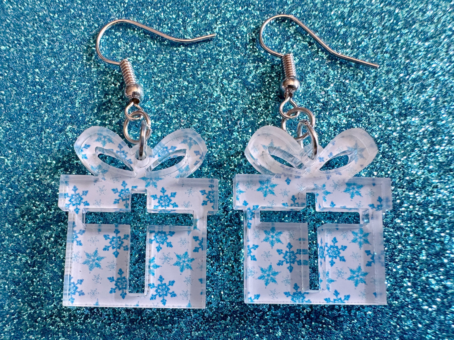 Snowflake Wrapping Paper Christmas Present Earrings: Laser Cut Acrylic Presents, Xmas, X-mas, Snowing, Snow, Best Gifts for Her/Him/Them