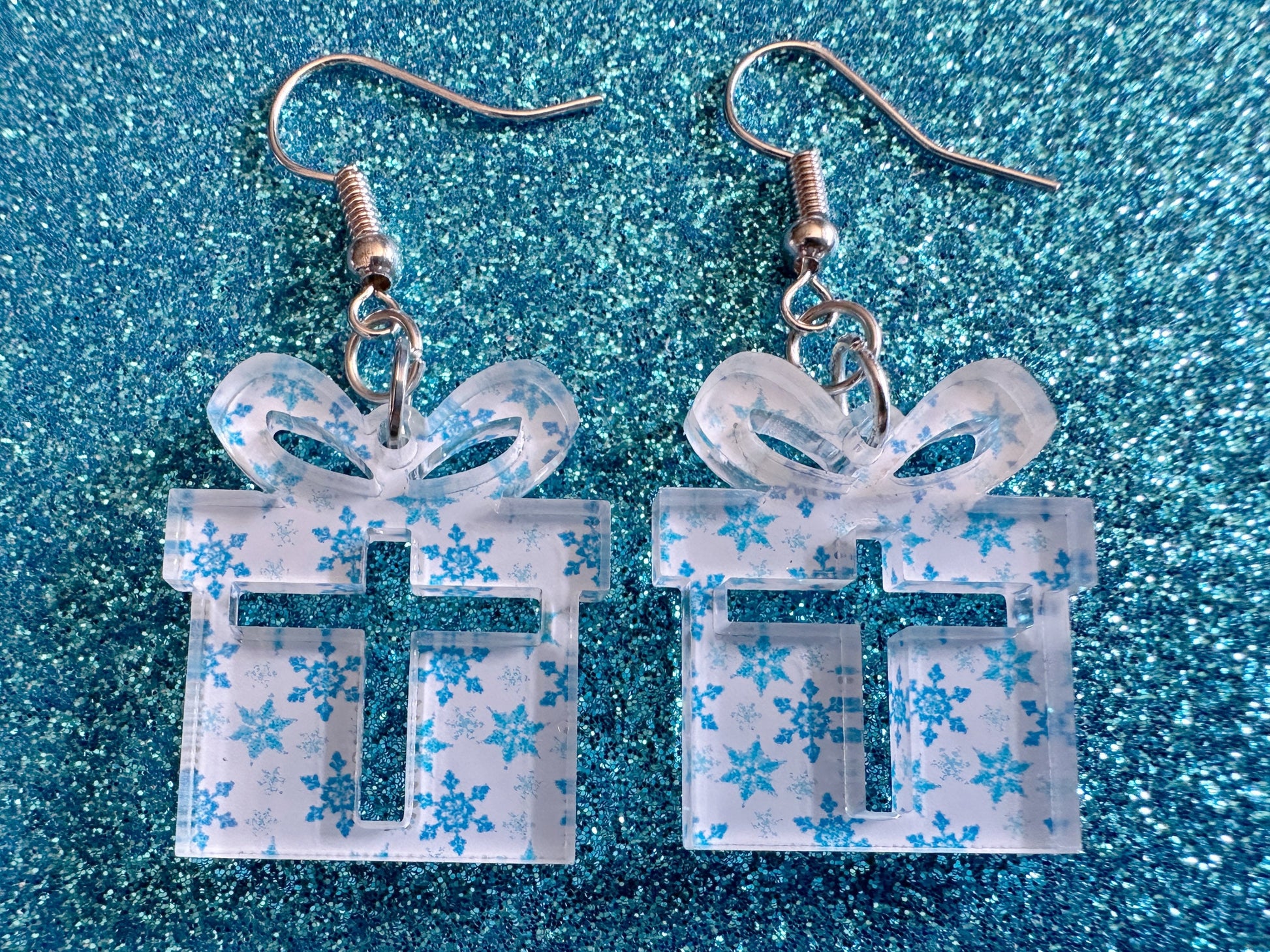 Snowflake Wrapping Paper Christmas Present Earrings: Laser Cut Acrylic Presents, Xmas, X-mas, Snowing, Snow, Best Gifts for Her/Him/Them