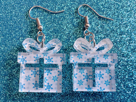 Snowflake Wrapping Paper Christmas Present Earrings: Laser Cut Acrylic Presents, Xmas, X-mas, Snowing, Snow, Best Gifts for Her/Him/Them