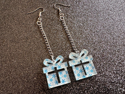 Snowflake Wrapping Paper Christmas Present Earrings: Laser Cut Acrylic Presents, Xmas, X-mas, Snowing, Snow, Best Gifts for Her/Him/Them