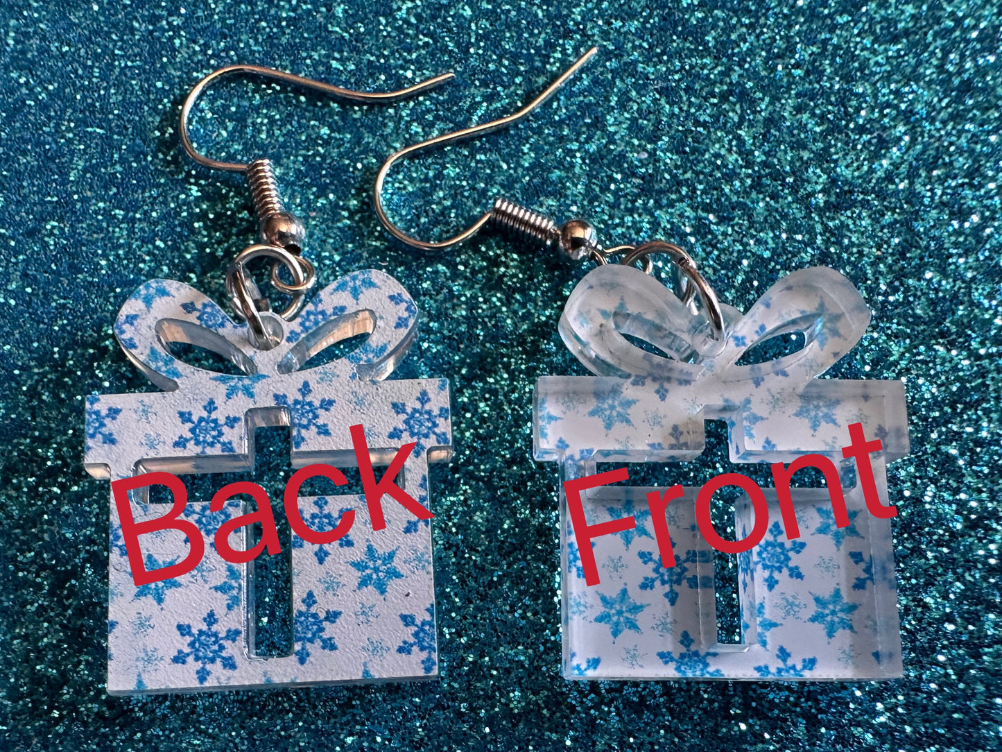 Snowflake Wrapping Paper Christmas Present Earrings: Laser Cut Acrylic Presents, Xmas, X-mas, Snowing, Snow, Best Gifts for Her/Him/Them