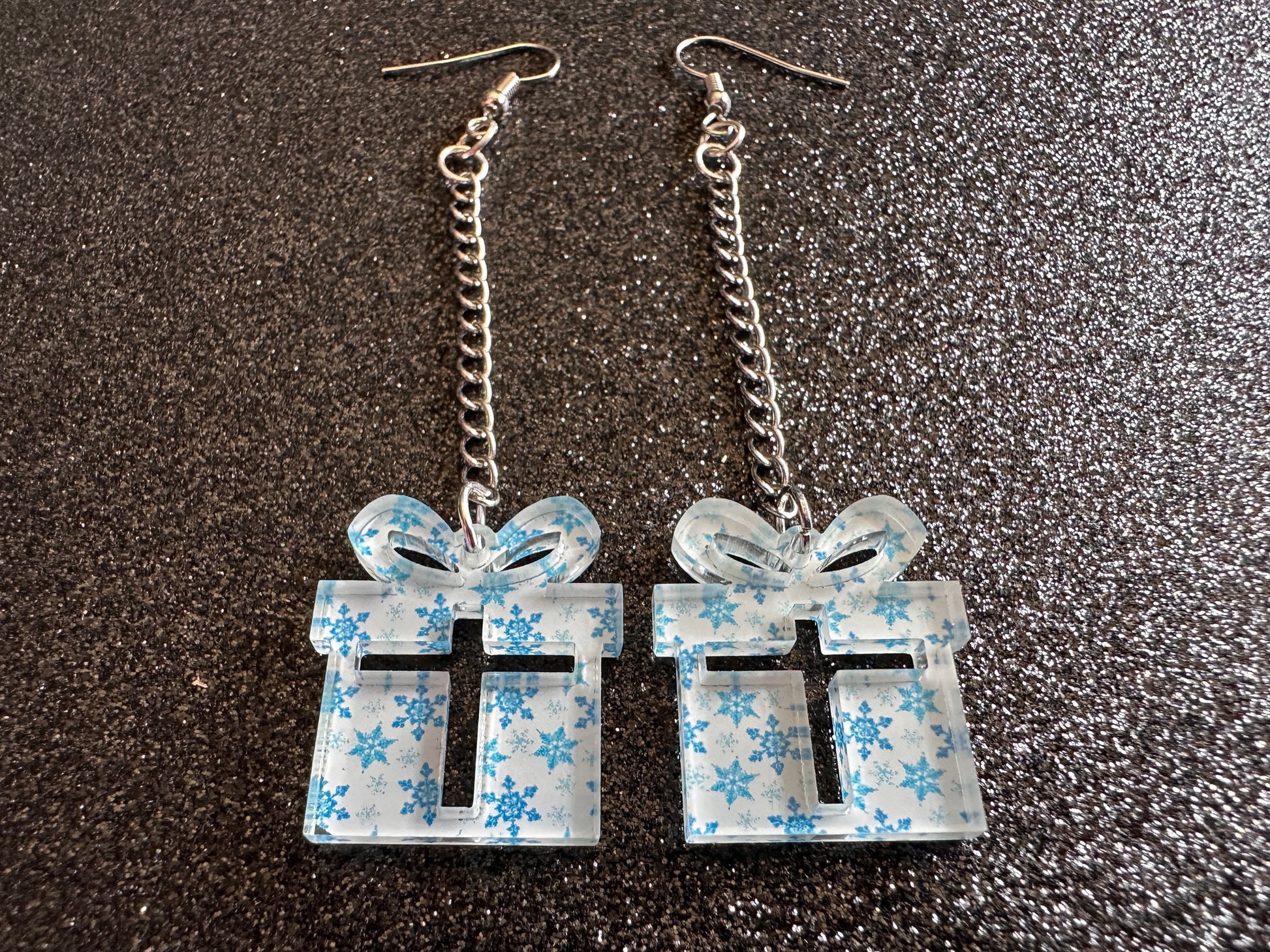 Snowflake Wrapping Paper Christmas Present Earrings: Laser Cut Acrylic Presents, Xmas, X-mas, Snowing, Snow, Best Gifts for Her/Him/Them