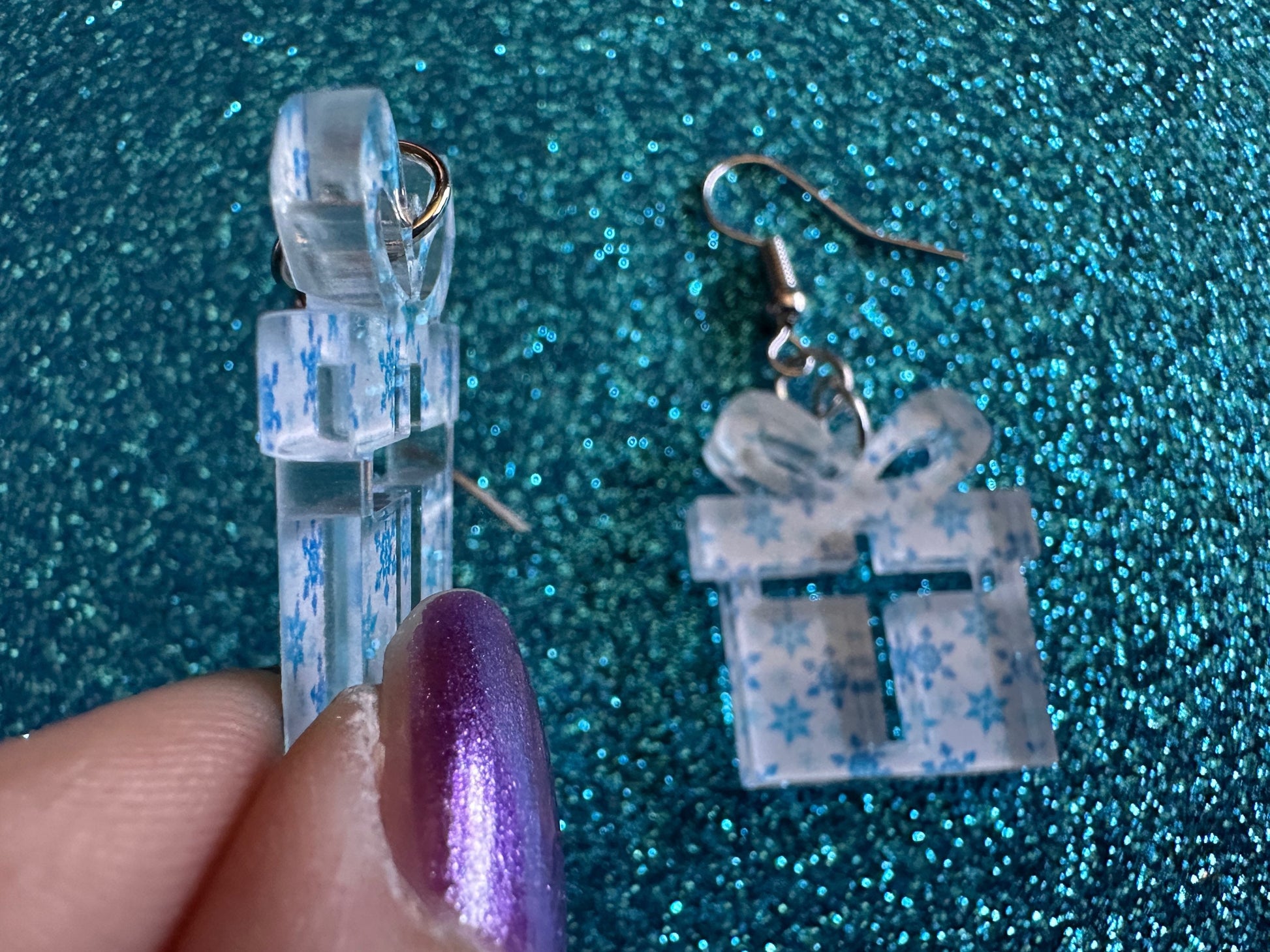 Snowflake Wrapping Paper Christmas Present Earrings: Laser Cut Acrylic Presents, Xmas, X-mas, Snowing, Snow, Best Gifts for Her/Him/Them