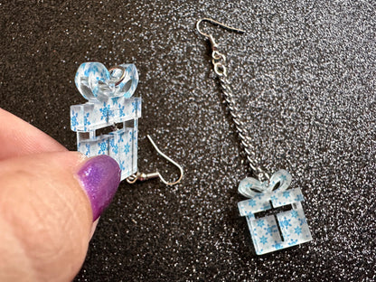 Snowflake Wrapping Paper Christmas Present Earrings: Laser Cut Acrylic Presents, Xmas, X-mas, Snowing, Snow, Best Gifts for Her/Him/Them