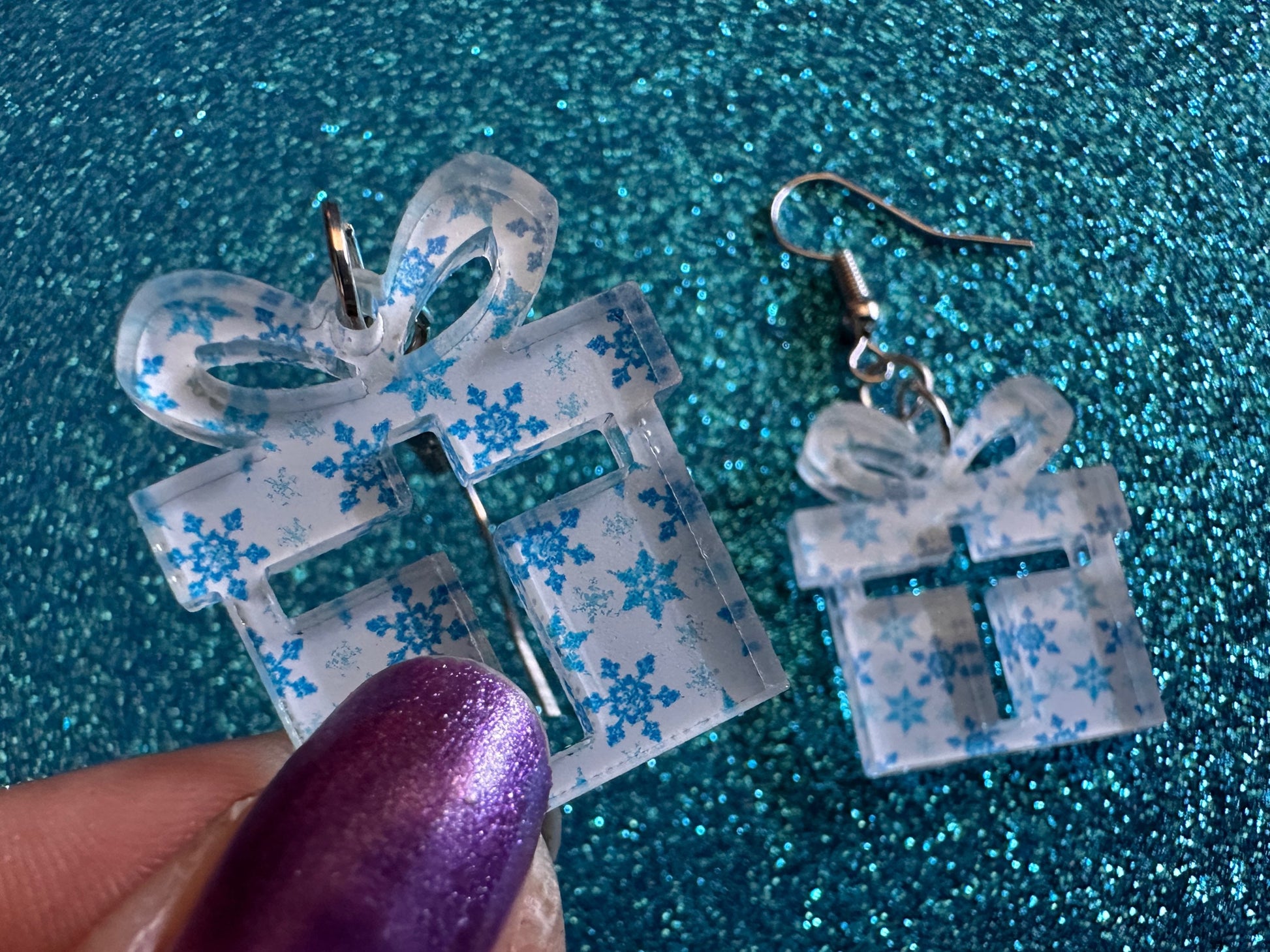Snowflake Wrapping Paper Christmas Present Earrings: Laser Cut Acrylic Presents, Xmas, X-mas, Snowing, Snow, Best Gifts for Her/Him/Them