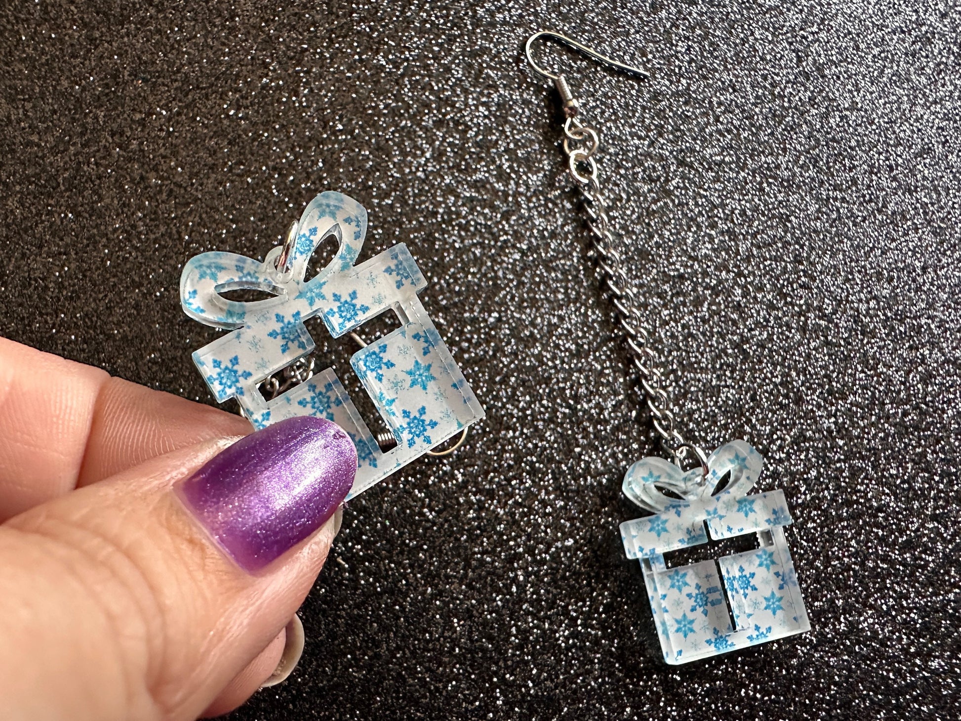 Snowflake Wrapping Paper Christmas Present Earrings: Laser Cut Acrylic Presents, Xmas, X-mas, Snowing, Snow, Best Gifts for Her/Him/Them