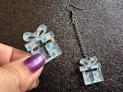 Snowflake Wrapping Paper Christmas Present Earrings: Laser Cut Acrylic Presents, Xmas, X-mas, Snowing, Snow, Best Gifts for Her/Him/Them