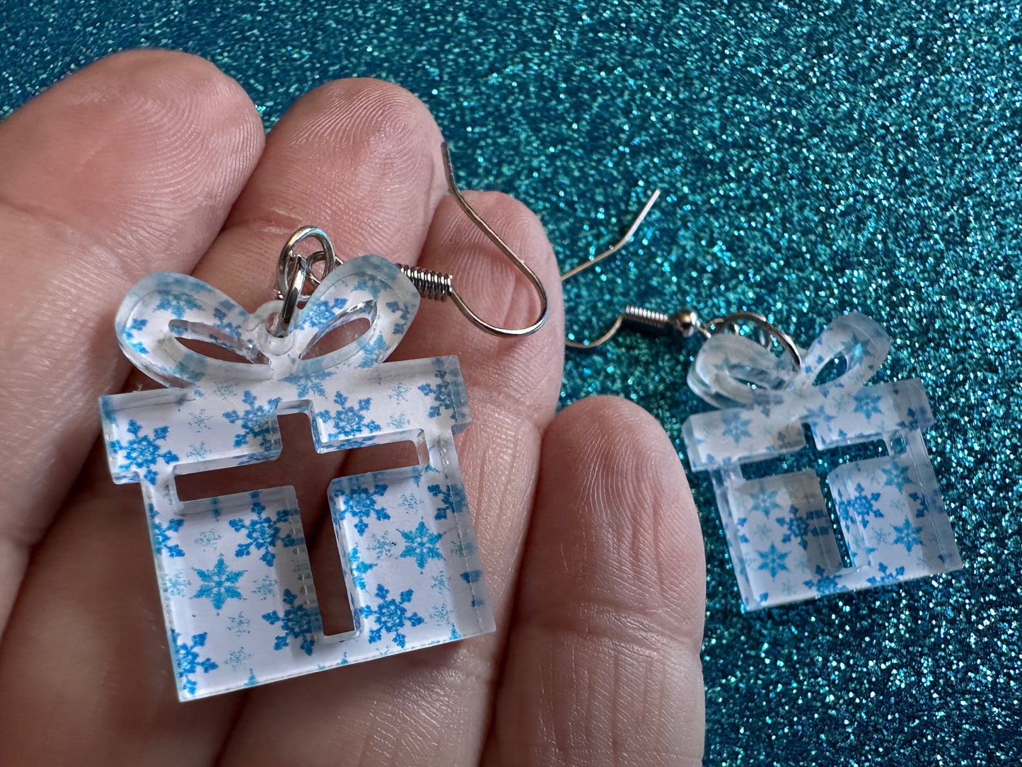 Snowflake Wrapping Paper Christmas Present Earrings: Laser Cut Acrylic Presents, Xmas, X-mas, Snowing, Snow, Best Gifts for Her/Him/Them