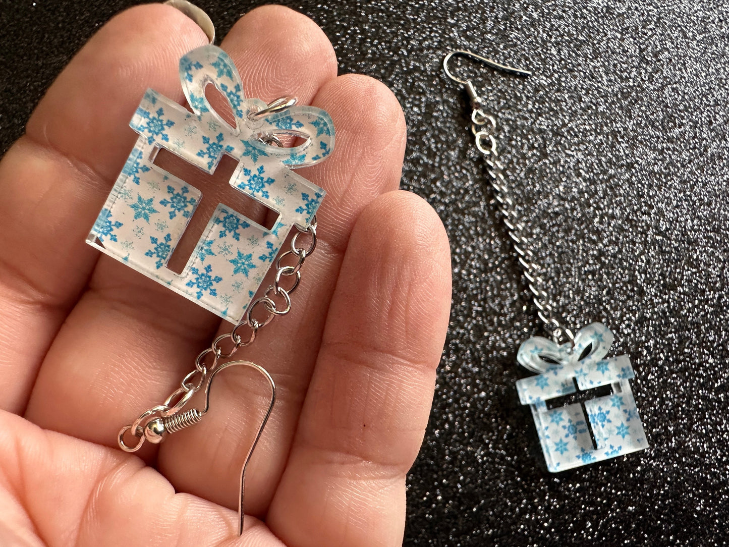 Snowflake Wrapping Paper Christmas Present Earrings: Laser Cut Acrylic Presents, Xmas, X-mas, Snowing, Snow, Best Gifts for Her/Him/Them