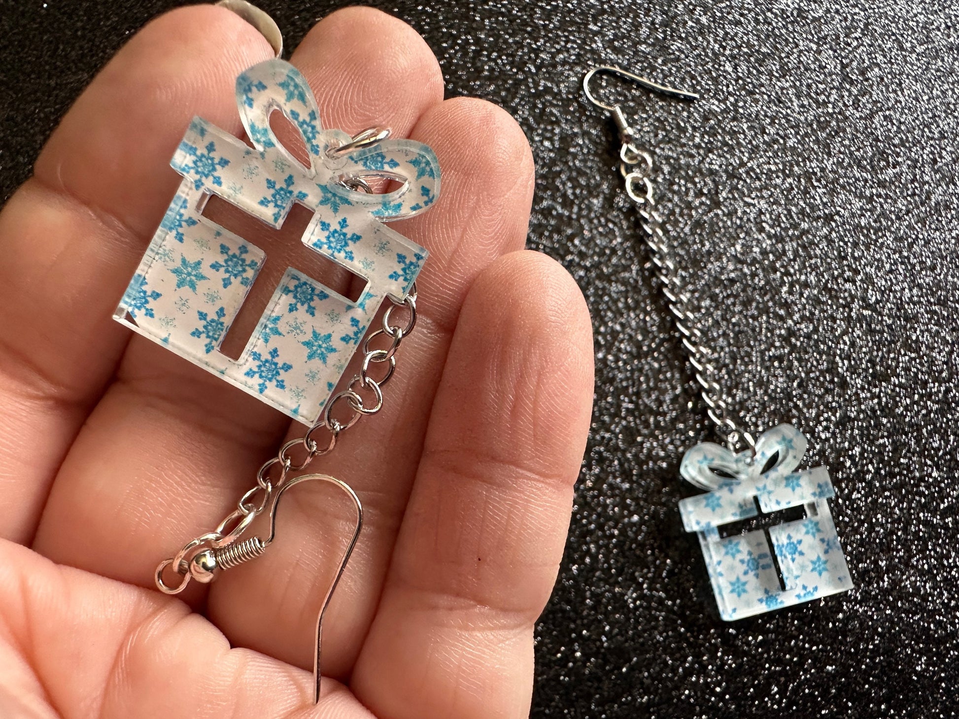 Snowflake Wrapping Paper Christmas Present Earrings: Laser Cut Acrylic Presents, Xmas, X-mas, Snowing, Snow, Best Gifts for Her/Him/Them