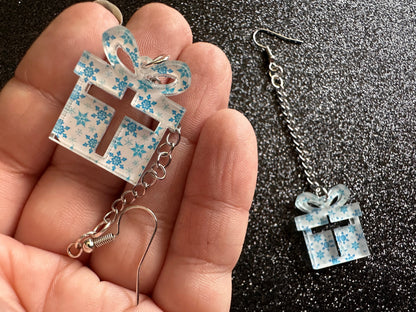 Snowflake Wrapping Paper Christmas Present Earrings: Laser Cut Acrylic Presents, Xmas, X-mas, Snowing, Snow, Best Gifts for Her/Him/Them