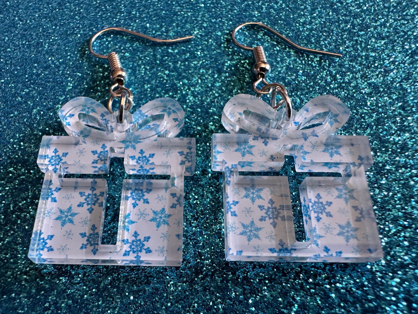Snowflake Wrapping Paper Christmas Present Earrings: Laser Cut Acrylic Presents, Xmas, X-mas, Snowing, Snow, Best Gifts for Her/Him/Them