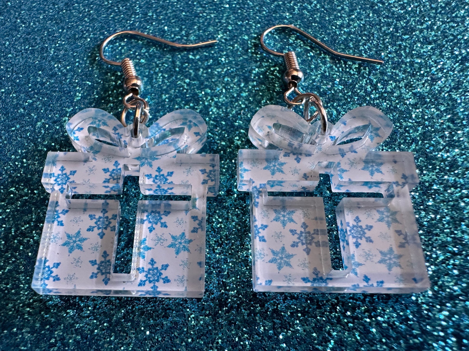 Snowflake Wrapping Paper Christmas Present Earrings: Laser Cut Acrylic Presents, Xmas, X-mas, Snowing, Snow, Best Gifts for Her/Him/Them