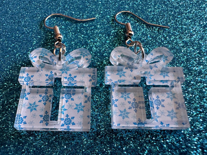 Snowflake Wrapping Paper Christmas Present Earrings: Laser Cut Acrylic Presents, Xmas, X-mas, Snowing, Snow, Best Gifts for Her/Him/Them