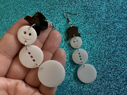 Snowman Earrings: Laser Cut Acrylic Snowmen with Hats, Snow Person, Christmas, Holidays, X-mas, Xmas, Snow, Winter, Gifts for Her/Him/Them