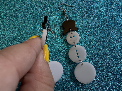 Snowman Earrings: Laser Cut Acrylic Snowmen with Hats, Snow Person, Christmas, Holidays, X-mas, Xmas, Snow, Winter, Gifts for Her/Him/Them