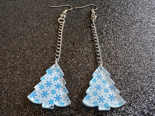Snowy Christmas Tree Earrings: Laser Cut Acrylic Christmas Trees, Snow, Xmas, Christmas Trees, X-mas, Best Gifts for Her/Him/Them