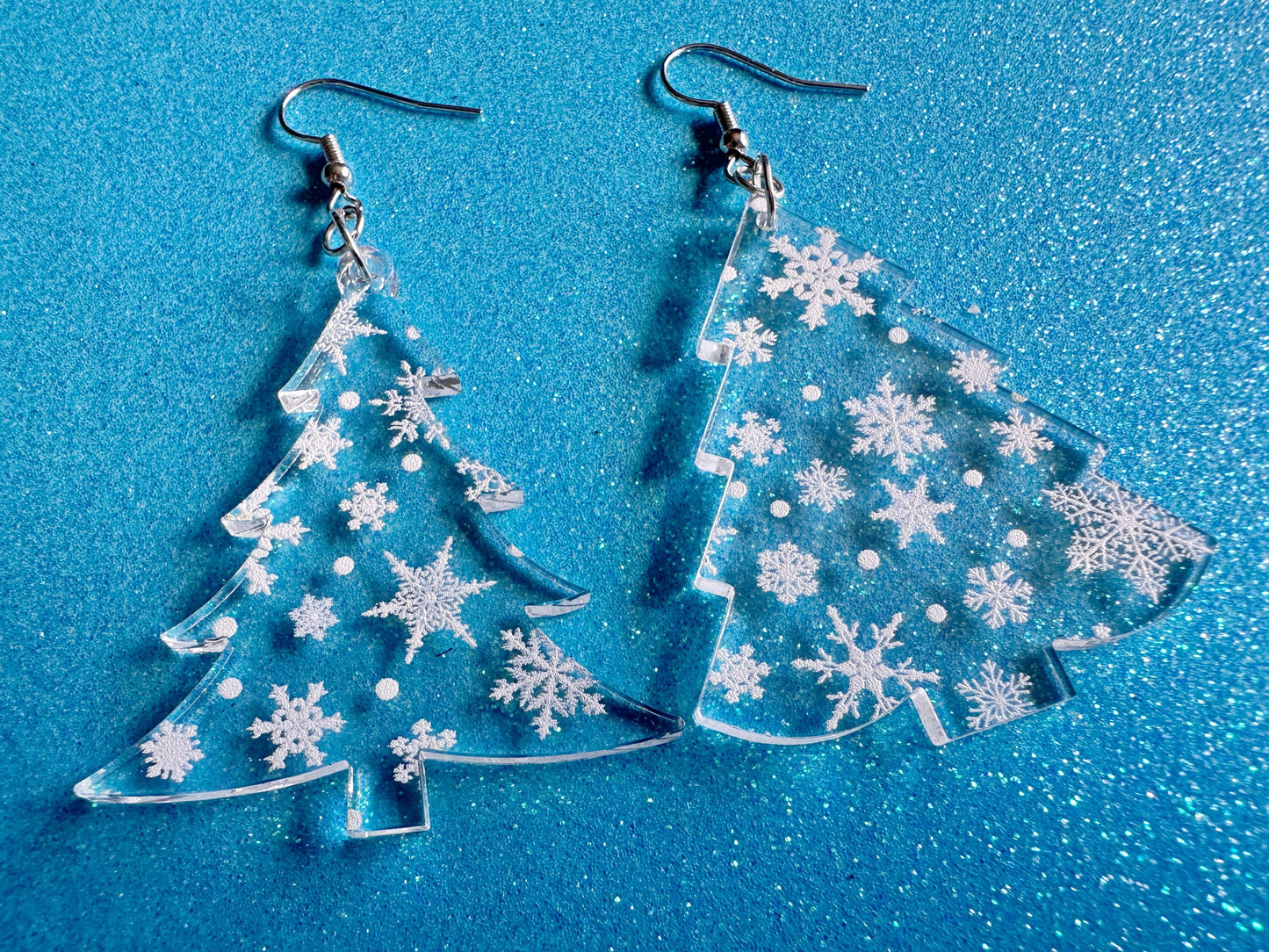 Snowy Christmas Tree Earrings: Laser Cut Acrylic Trees, Snow, Snowflakes, Winter, Xmas Earrings, White Christmas, Gifts for Her/Him/Them