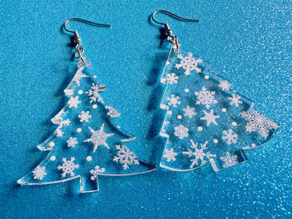 Snowy Christmas Tree Earrings: Laser Cut Acrylic Trees, Snow, Snowflakes, Winter, Xmas Earrings, White Christmas, Gifts for Her/Him/Them