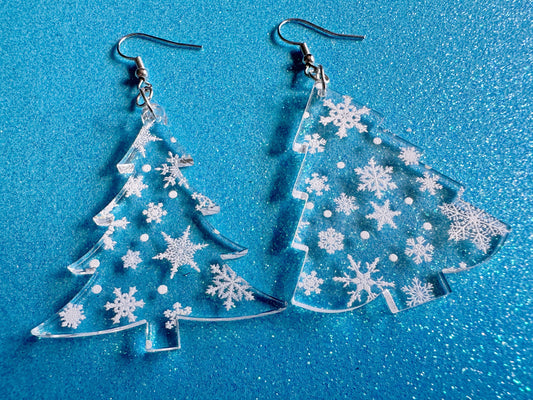Snowy Christmas Tree Earrings: Laser Cut Acrylic Trees, Snow, Snowflakes, Winter, Xmas Earrings, White Christmas, Gifts for Her/Him/Them