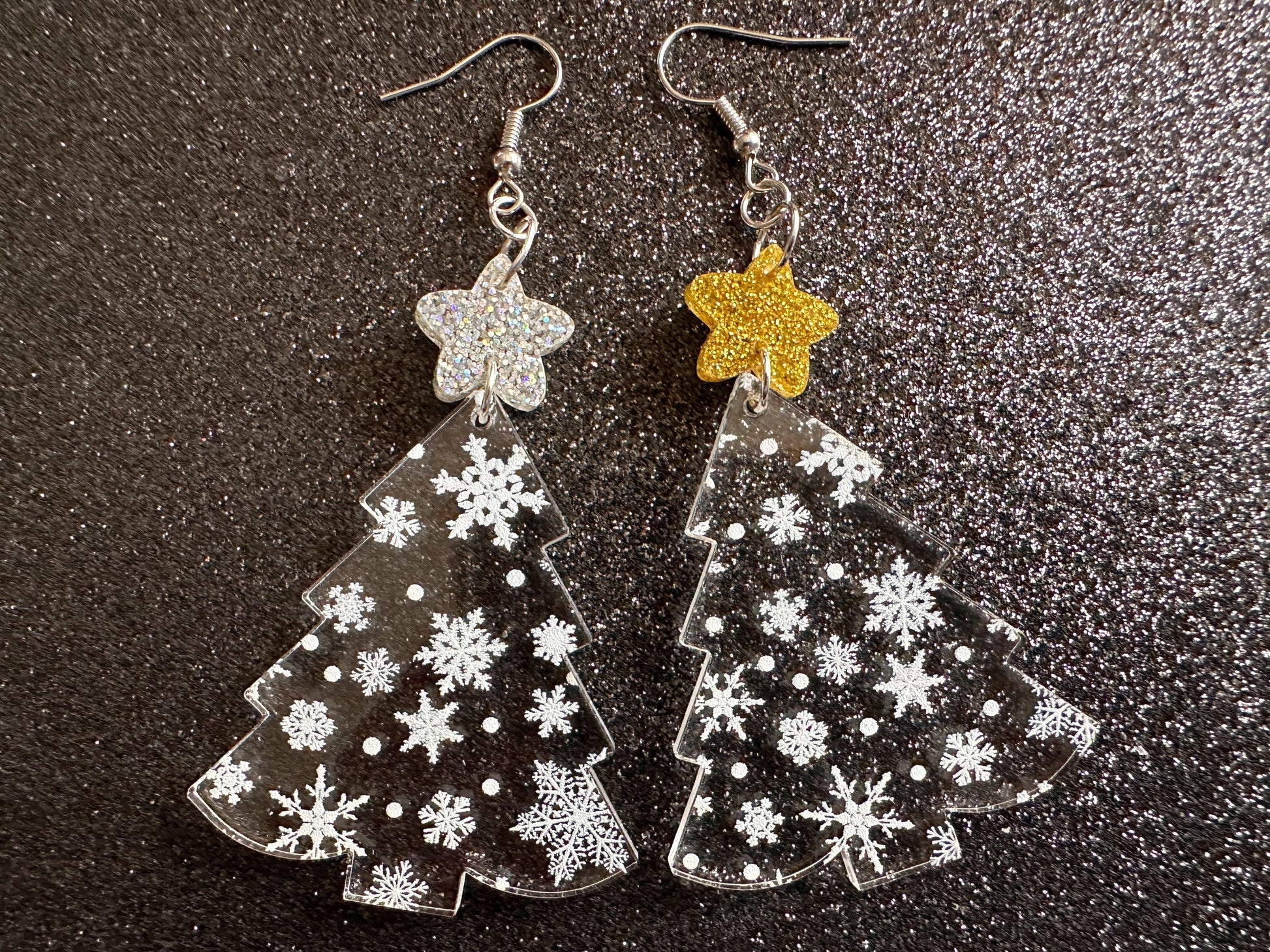 Snowy Christmas Tree Earrings: Laser Cut Acrylic Trees, Snow, Snowflakes, Winter, Xmas Earrings, White Christmas, Gifts for Her/Him/Them