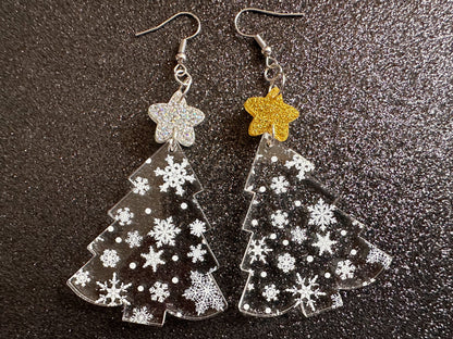 Snowy Christmas Tree Earrings: Laser Cut Acrylic Trees, Snow, Snowflakes, Winter, Xmas Earrings, White Christmas, Gifts for Her/Him/Them