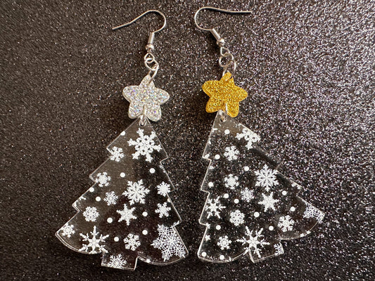 Snowy Christmas Tree Earrings: Laser Cut Acrylic Trees, Snow, Snowflakes, Winter, Xmas Earrings, White Christmas, Gifts for Her/Him/Them