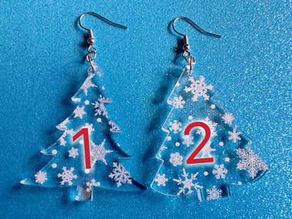 Snowy Christmas Tree Earrings: Laser Cut Acrylic Trees, Snow, Snowflakes, Winter, Xmas Earrings, White Christmas, Gifts for Her/Him/Them