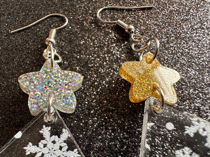 Snowy Christmas Tree Earrings: Laser Cut Acrylic Trees, Snow, Snowflakes, Winter, Xmas Earrings, White Christmas, Gifts for Her/Him/Them