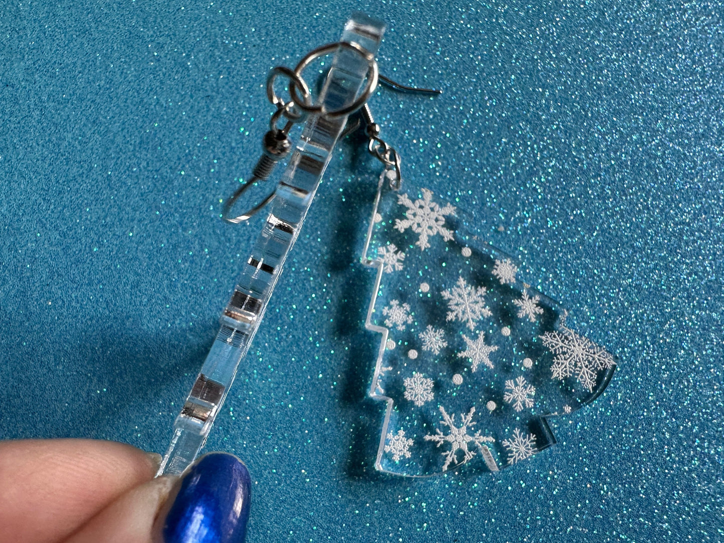 Snowy Christmas Tree Earrings: Laser Cut Acrylic Trees, Snow, Snowflakes, Winter, Xmas Earrings, White Christmas, Gifts for Her/Him/Them