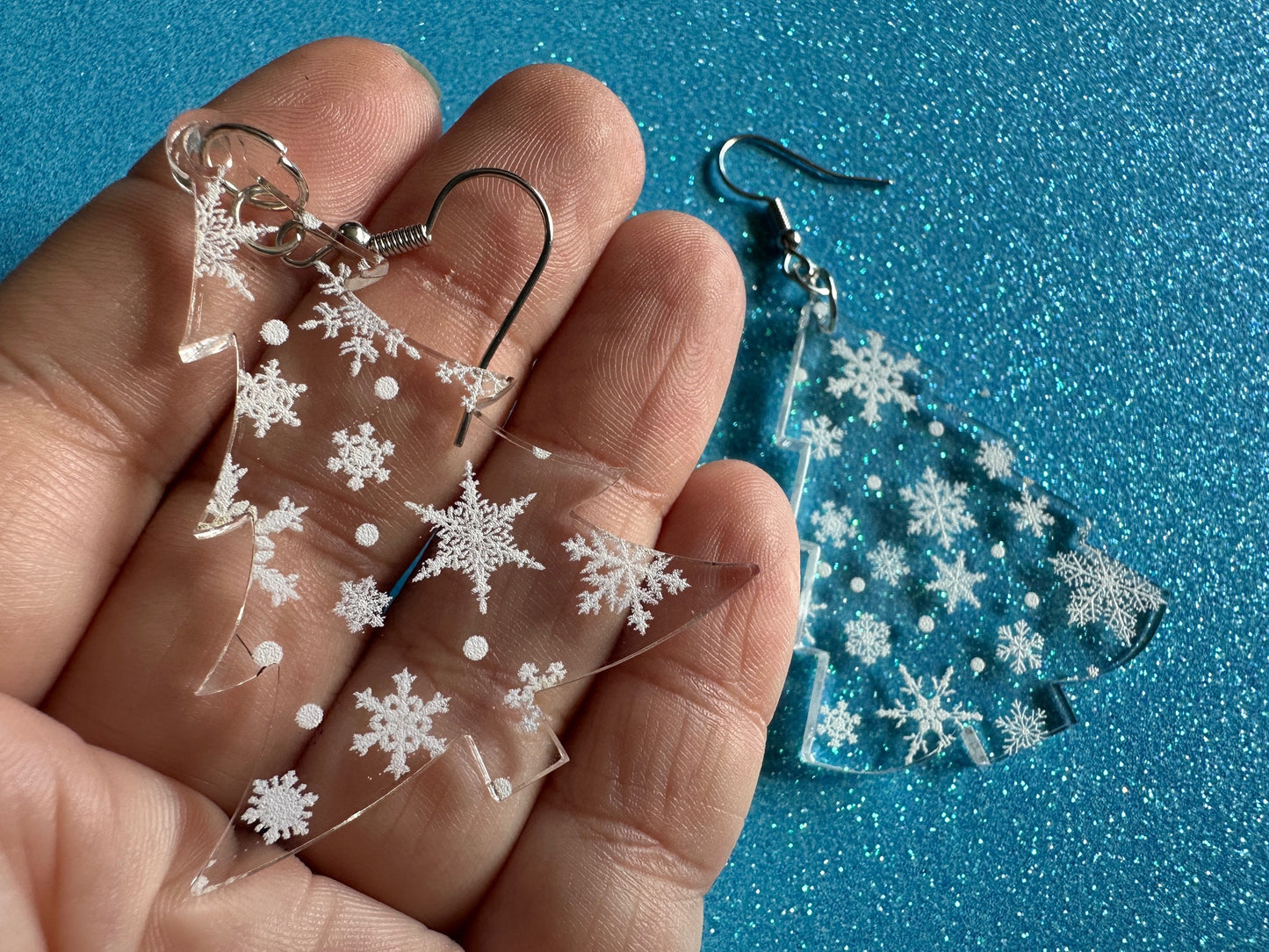 Snowy Christmas Tree Earrings: Laser Cut Acrylic Trees, Snow, Snowflakes, Winter, Xmas Earrings, White Christmas, Gifts for Her/Him/Them