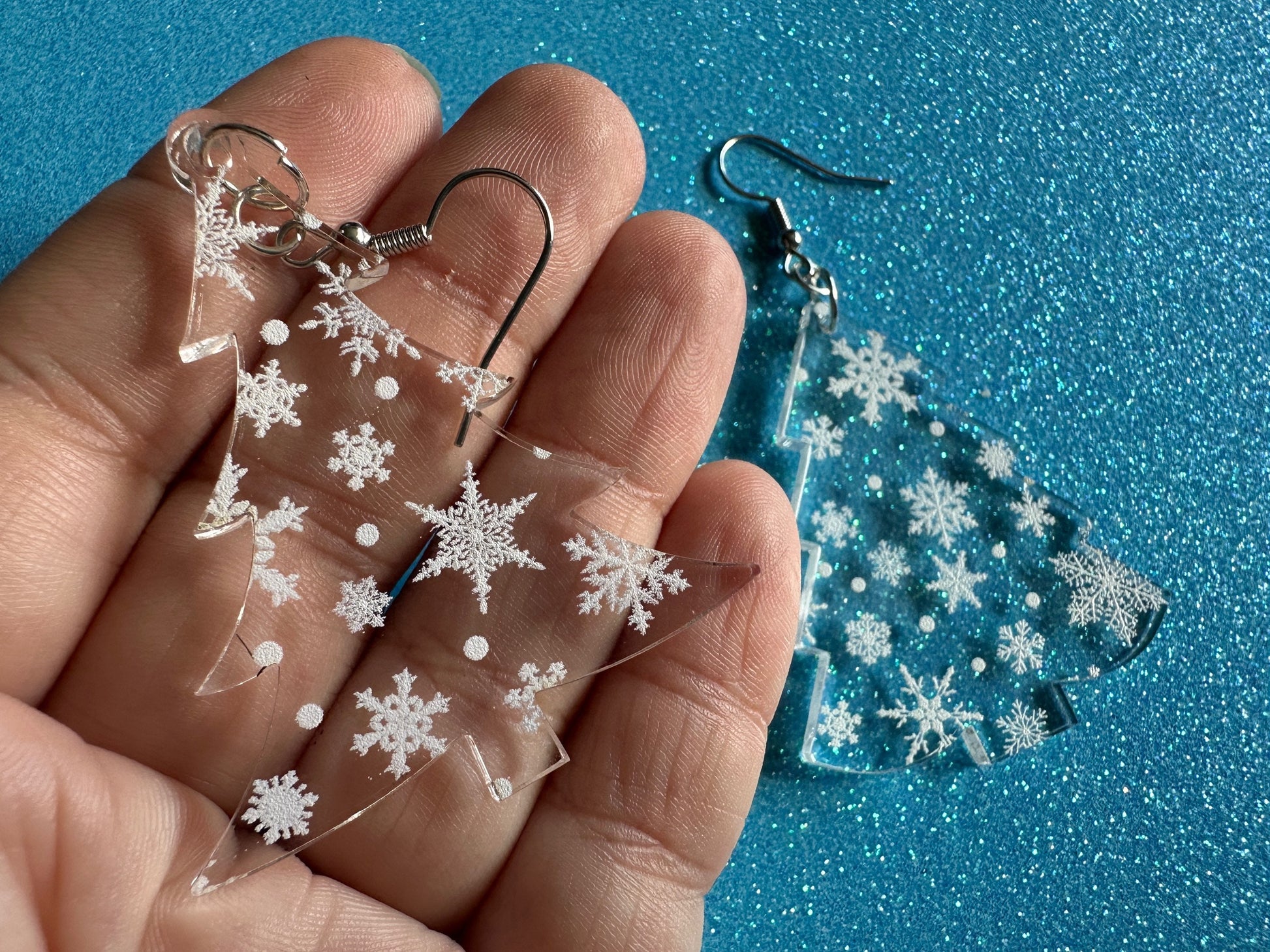 Snowy Christmas Tree Earrings: Laser Cut Acrylic Trees, Snow, Snowflakes, Winter, Xmas Earrings, White Christmas, Gifts for Her/Him/Them