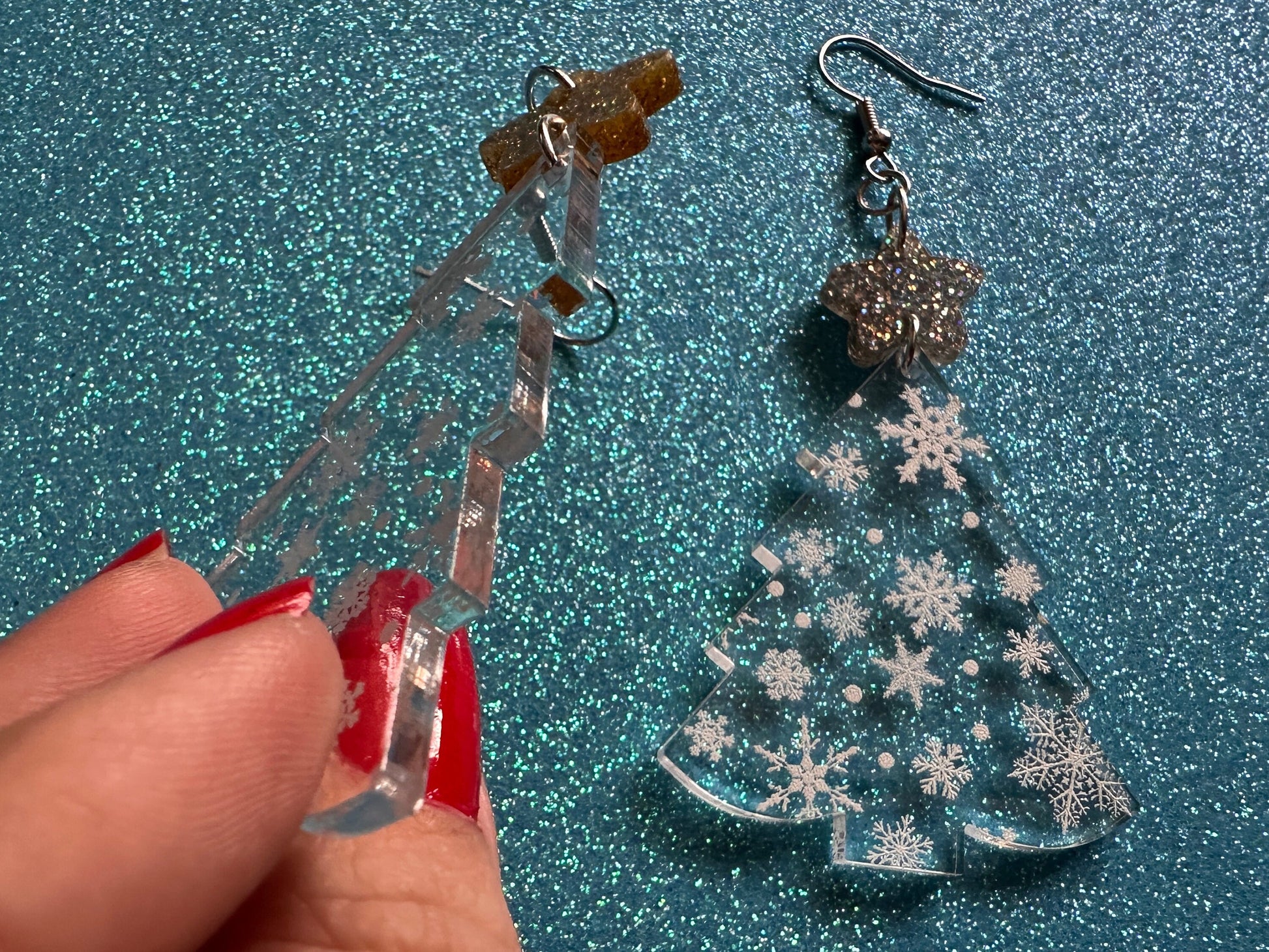 Snowy Christmas Tree Earrings: Laser Cut Acrylic Trees, Snow, Snowflakes, Winter, Xmas Earrings, White Christmas, Gifts for Her/Him/Them
