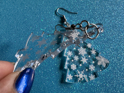 Snowy Christmas Tree Earrings: Laser Cut Acrylic Trees, Snow, Snowflakes, Winter, Xmas Earrings, White Christmas, Gifts for Her/Him/Them