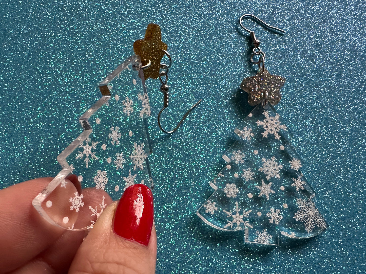 Snowy Christmas Tree Earrings: Laser Cut Acrylic Trees, Snow, Snowflakes, Winter, Xmas Earrings, White Christmas, Gifts for Her/Him/Them
