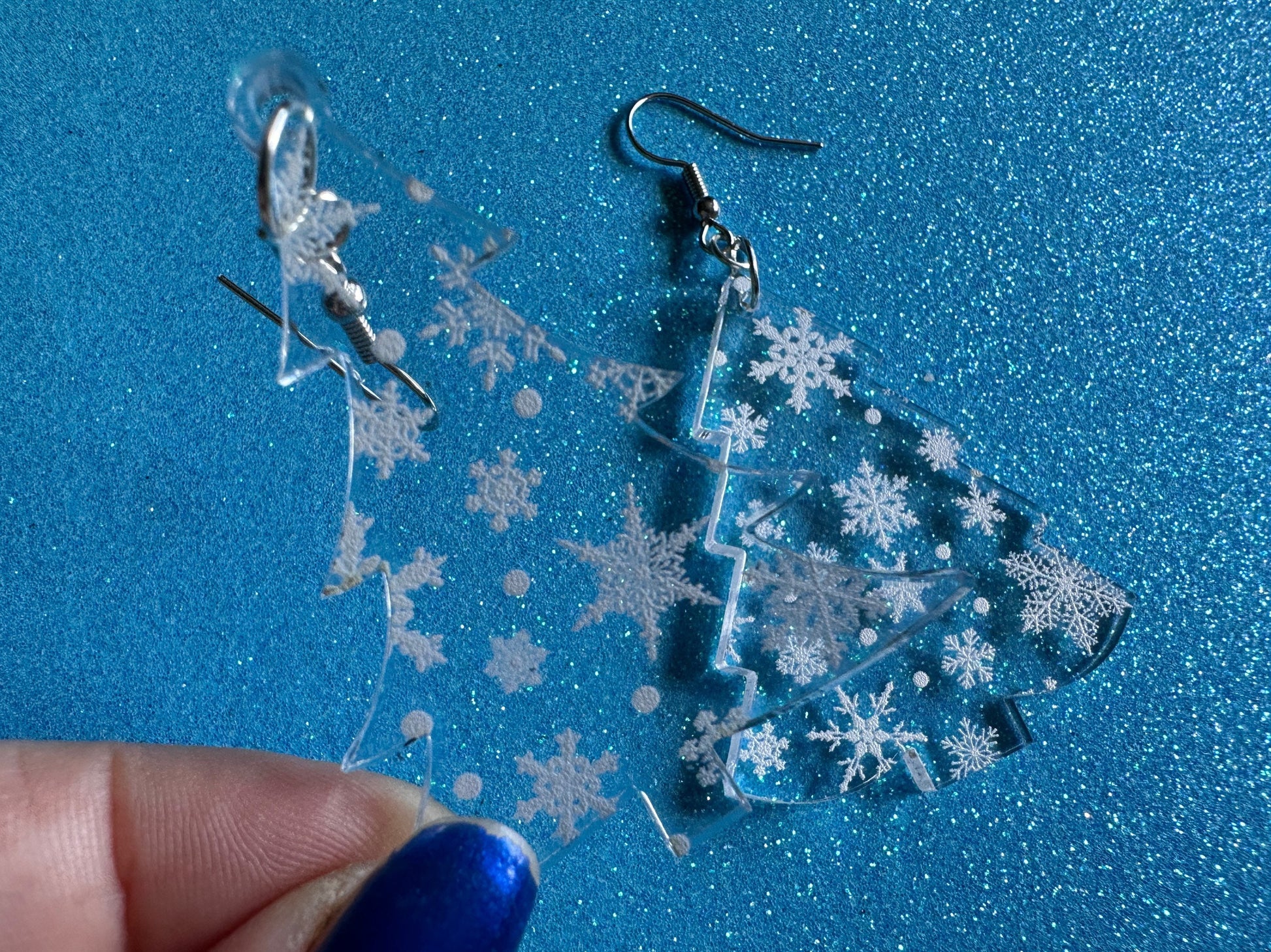 Snowy Christmas Tree Earrings: Laser Cut Acrylic Trees, Snow, Snowflakes, Winter, Xmas Earrings, White Christmas, Gifts for Her/Him/Them