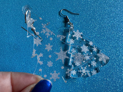 Snowy Christmas Tree Earrings: Laser Cut Acrylic Trees, Snow, Snowflakes, Winter, Xmas Earrings, White Christmas, Gifts for Her/Him/Them