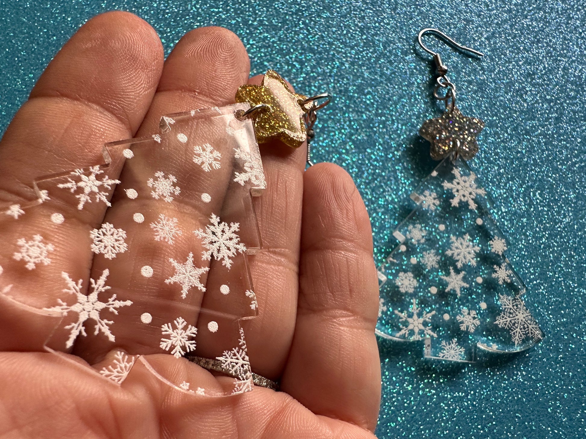 Snowy Christmas Tree Earrings: Laser Cut Acrylic Trees, Snow, Snowflakes, Winter, Xmas Earrings, White Christmas, Gifts for Her/Him/Them