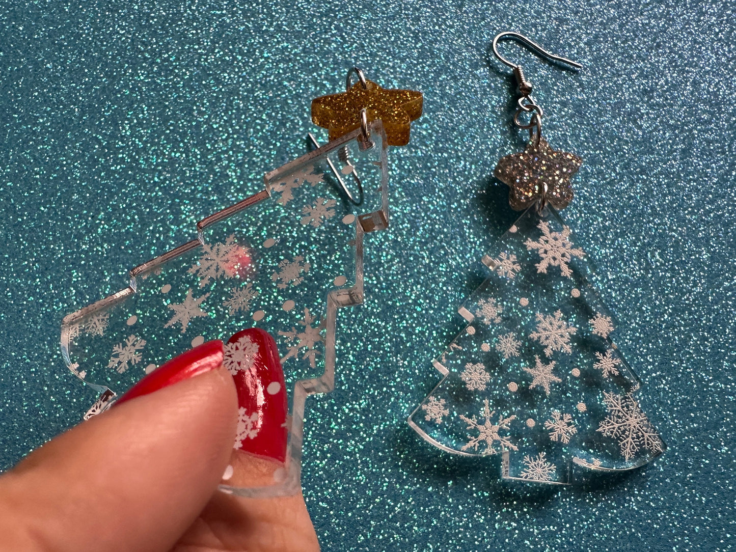 Snowy Christmas Tree Earrings: Laser Cut Acrylic Trees, Snow, Snowflakes, Winter, Xmas Earrings, White Christmas, Gifts for Her/Him/Them